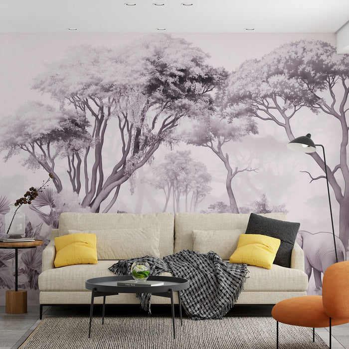 Un salon moderne avec un papier peint représentant une forêt en nuances de gris et rose, créant une ambiance douce et apaisante.