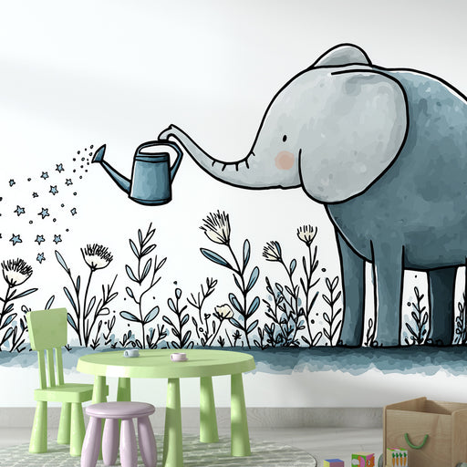 Une chambre d'enfant avec un papier peint illustratif représentant un éléphant arrosant des fleurs, créant une ambiance ludique et douce.