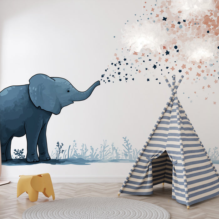 Une chambre d'enfant avec un papier peint illustrant un éléphant bleu crachant des étoiles sur un fond doux, créant une ambiance ludique et rêveuse.