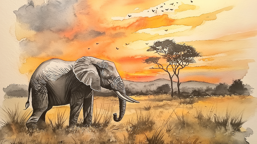 Papier peint éléphant Paysage africain au coucher du soleil