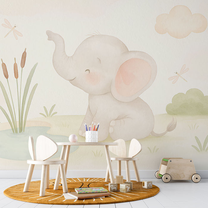 Une chambre d'enfant avec un papier peint illustrant un éléphant souriant dans un paysage doux, aux teintes pastel et à l'ambiance joyeuse et ludique.