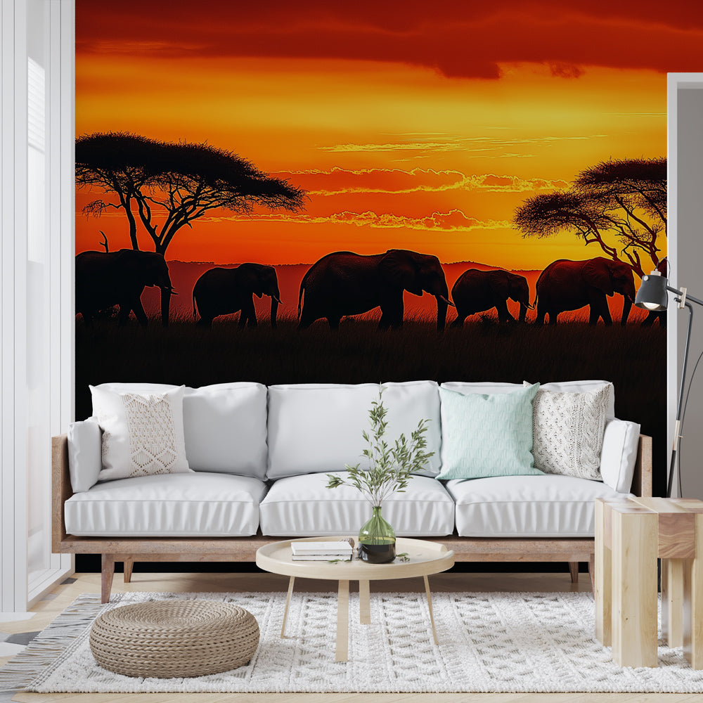 Tableau Africain Tableau Toile 'Éléphants Au Coucher Du Soleil' -  Décoration Murale Africaine Jaune Moutarde - Prêt à Accrocher - Living,  Chambre Décor Salon Animaux, image size:1000x1000