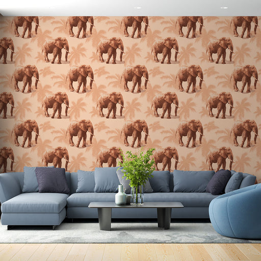 Un salon contemporain avec un papier peint illustrant des éléphants en tons ocres, entourés de palmiers, créant une atmosphère chaleureuse et exotique.