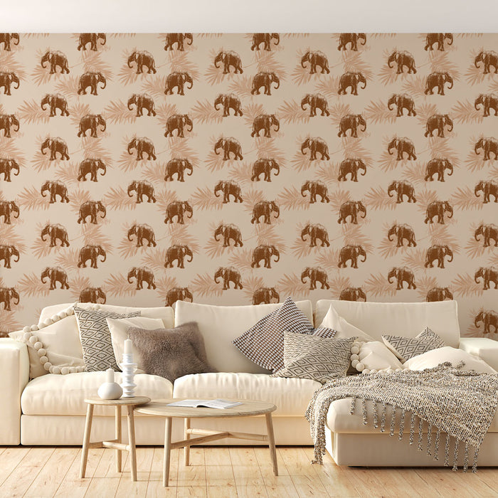 Un salon lumineux avec un papier peint représentant des éléphants bruns sur fond beige, agrémenté de motifs de feuilles, créant une ambiance chaleureuse et exotique.