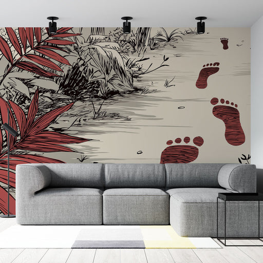 Un salon moderne avec un papier peint représentant des empreintes de pas rouges sur un fond beige, entouré de feuillages stylisés évoquant une ambiance naturelle et intrigante.