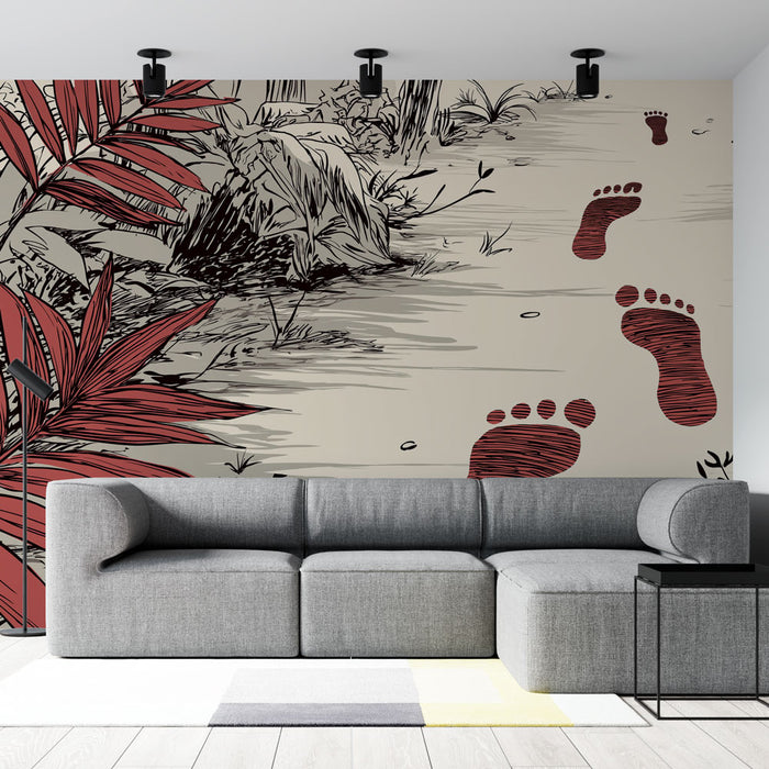 Un salon moderne avec un papier peint représentant des empreintes de pas rouges sur un fond beige, entouré de feuillages stylisés évoquant une ambiance naturelle et intrigante.