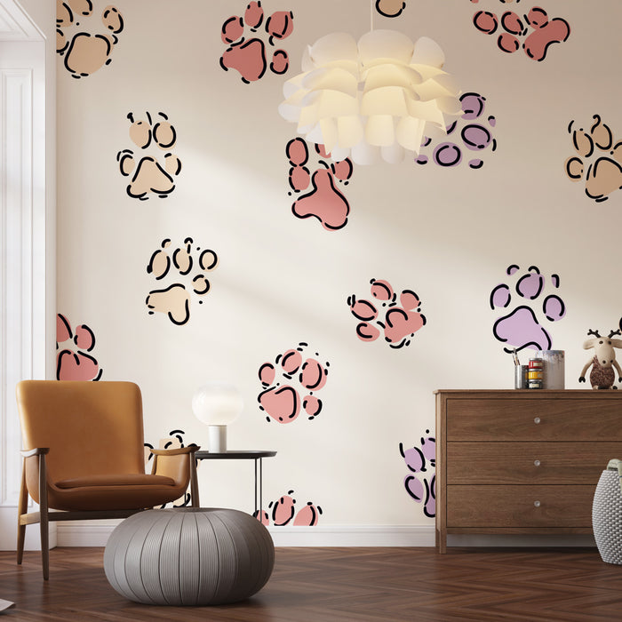 Une chambre moderne avec un papier peint ludique représentant des empreintes de pattes dans des teintes douces de rose et beige sur fond clair, créant une atmosphère chaleureuse et accueillante.