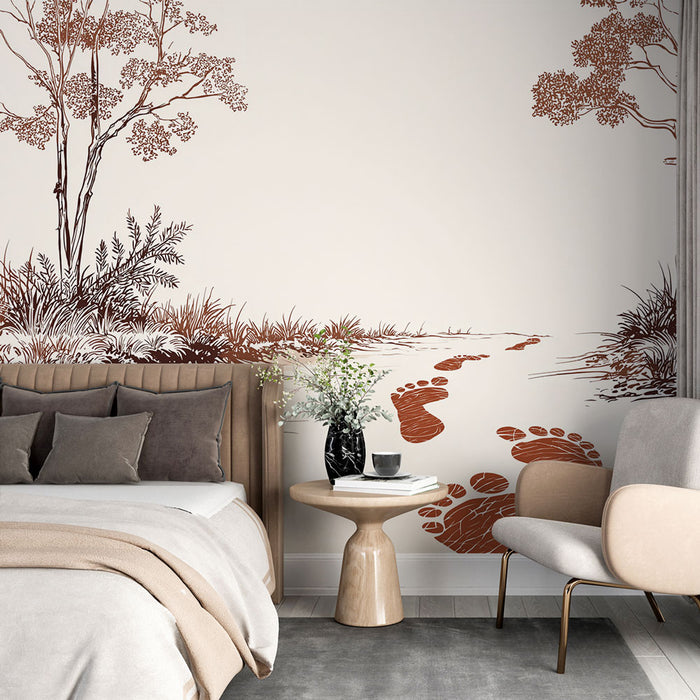 Une chambre élégante avec un papier peint illustrant des arbres et des empreintes de pas en brun sur fond clair, évoquant une atmosphère naturelle et sereine.