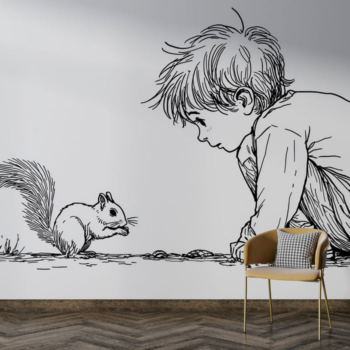 Une chambre d’enfant avec un papier peint illustratif en noir et blanc représentant un garçon curieux observant un écureuil, créant une ambiance ludique et imaginative.