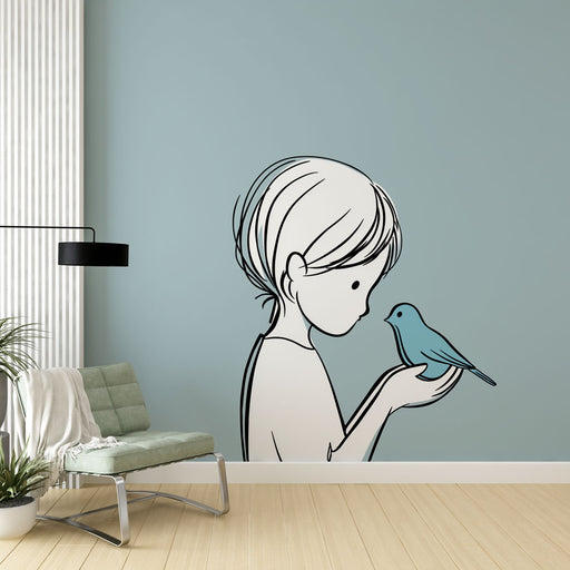 Une pièce moderne avec un papier peint illustrant un enfant délicatement dessiné tenant un oiseau bleu, créant une ambiance douce et rêveuse.