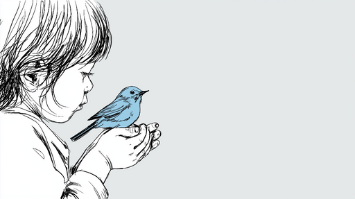Papier peint enfant et oiseau Illustration délicate d'un enfant tenant un oiseau bleu