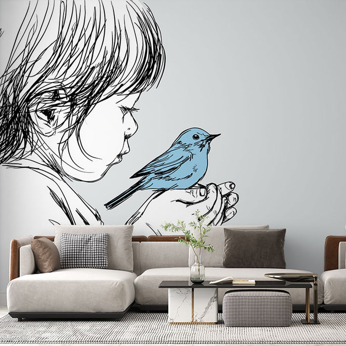 Un salon contemporain avec un papier peint artistique représentant un enfant en silhouette noire tenant un oiseau bleu, créant une atmosphère douce et poétique.