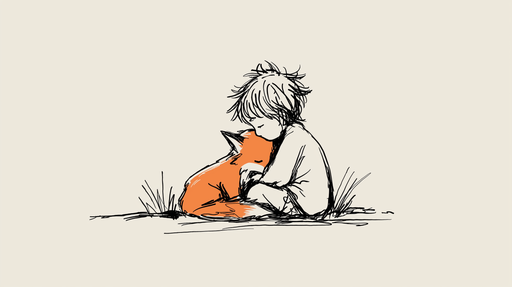 Papier peint enfant et renard Illustration tendre d'un enfant et d'un renard orange