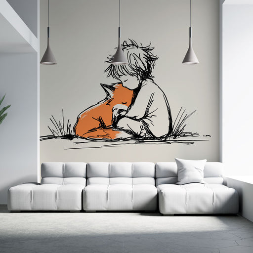 Un salon moderne avec un papier peint illustratif représentant un enfant et un renard dans des traits minimalistes, créant une atmosphère douce et nostalgique.