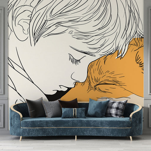 Un salon élégant avec un papier peint illustratif représentant un enfant et un animal sur fond orange, dégageant une atmosphère chaleureuse et affectueuse.