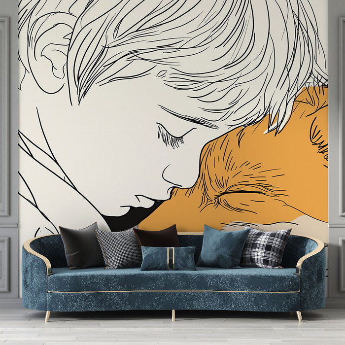 Un salon élégant avec un papier peint illustratif représentant un enfant et un animal sur fond orange, dégageant une atmosphère chaleureuse et affectueuse.