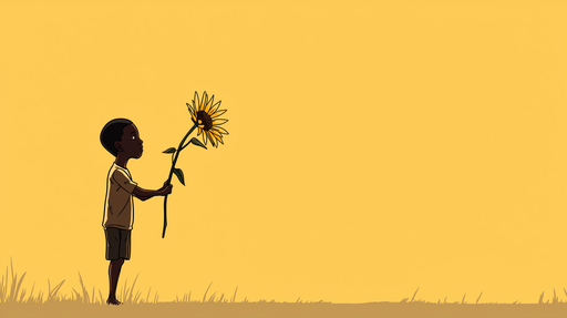 Papier peint enfant et tournesol Un garçon tenant un grand tournesol sur fond jaune