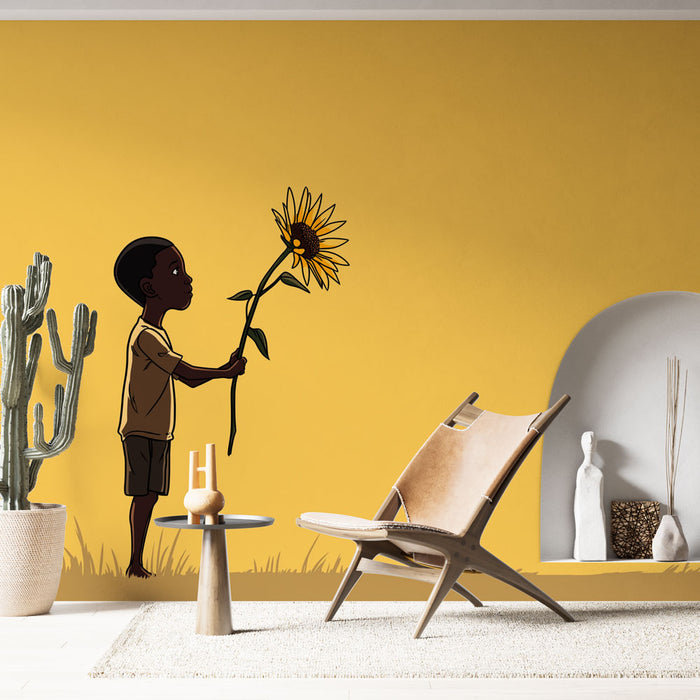 Une chambre moderne avec un papier peint illustratif représentant un enfant tenant un tournesol sur fond jaune vif, créant une atmosphère joyeuse et inspirante.