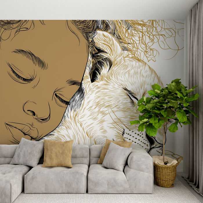 Une pièce moderne avec un papier peint artistique représentant un enfant endormi aux côtés d'un lion, créant une atmosphère douce et réconfortante.