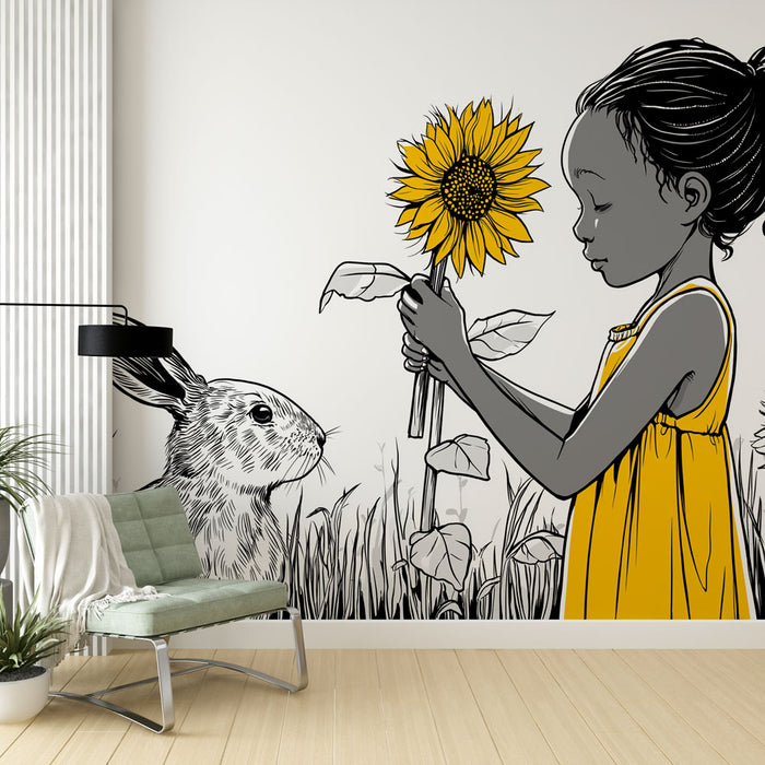 Une chambre moderne avec un papier peint illustratif représentant une fillette tenant un tournesol, entourée d'un lapin et de motifs de nature, créant une ambiance douce et enfantine.