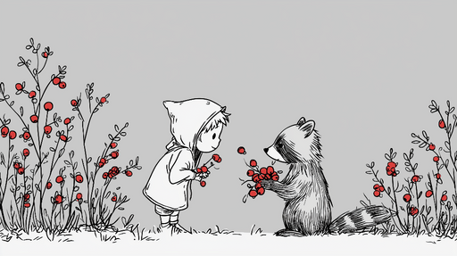 Papier peint enfantin Enfant et raton laveur échangeant des fleurs rouges