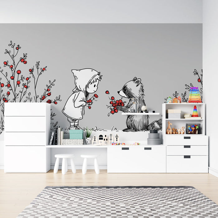 Une chambre d'enfant avec un papier peint illustratif représentant un enfant et un raton laveur échangeant des fleurs sur fond gris, créant une atmosphère douce et ludique.