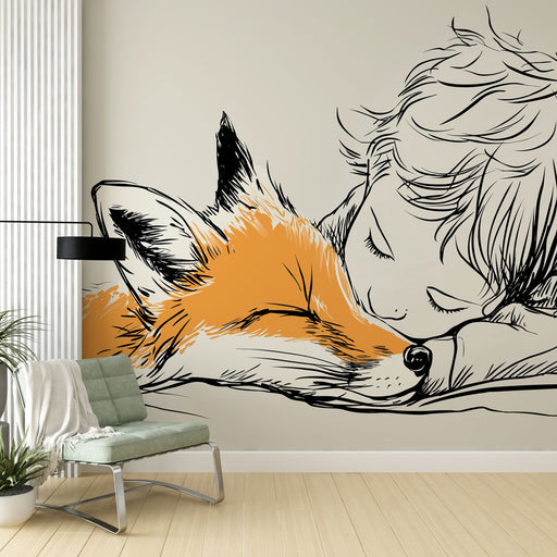 Une chambre douce avec un papier peint illustrant un enfant endormi contre un renard, en traits noirs et touches orange, créant une atmosphère chaleureuse et apaisante.