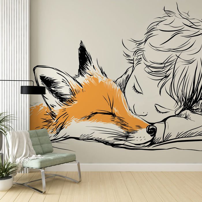 Une chambre douce avec un papier peint illustrant un enfant endormi contre un renard, en traits noirs et touches orange, créant une atmosphère chaleureuse et apaisante.