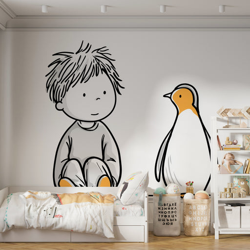Une chambre d'enfant avec un papier peint illustratif représentant un garçon et un pingouin en noir et blanc, créant une atmosphère ludique et chaleureuse.