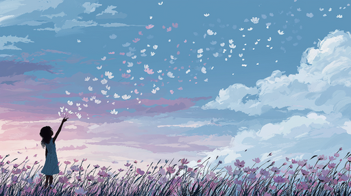 Papier peint enfantin Petite fille dans un champ de fleurs sous un ciel coloré