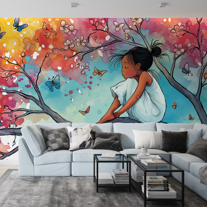 Une pièce moderne avec un papier peint artistique représentant une jeune fille assise sous des branches fleuries, entourée de papillons sur un fond coloré et rêveur.