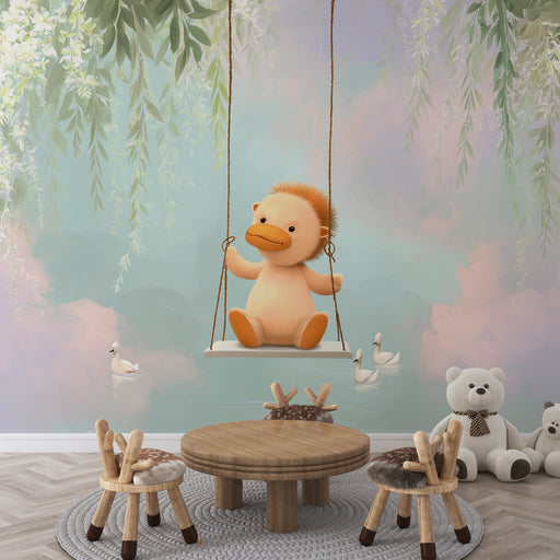 Une chambre d'enfant avec un papier peint illustrant un personnage mignon sur une balançoire, entouré de feuillages et de nuances pastel apaisantes.