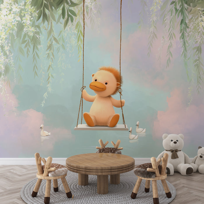 Une chambre d'enfant avec un papier peint illustrant un personnage mignon sur une balançoire, entouré de feuillages et de nuances pastel apaisantes.