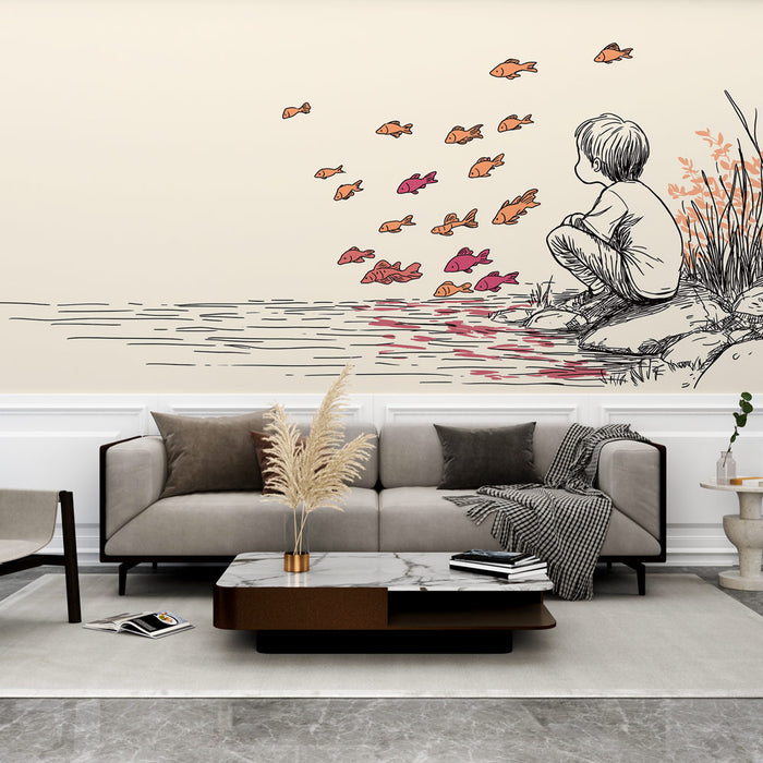 Un salon moderne avec un papier peint illustratif représentant un enfant contemplant des poissons colorés, créant une ambiance rêveuse et poétique.