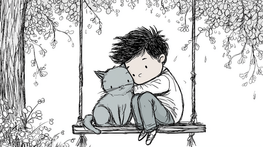 Papier peint enfantin Un garçon et son chat sur une balançoire sous un arbre