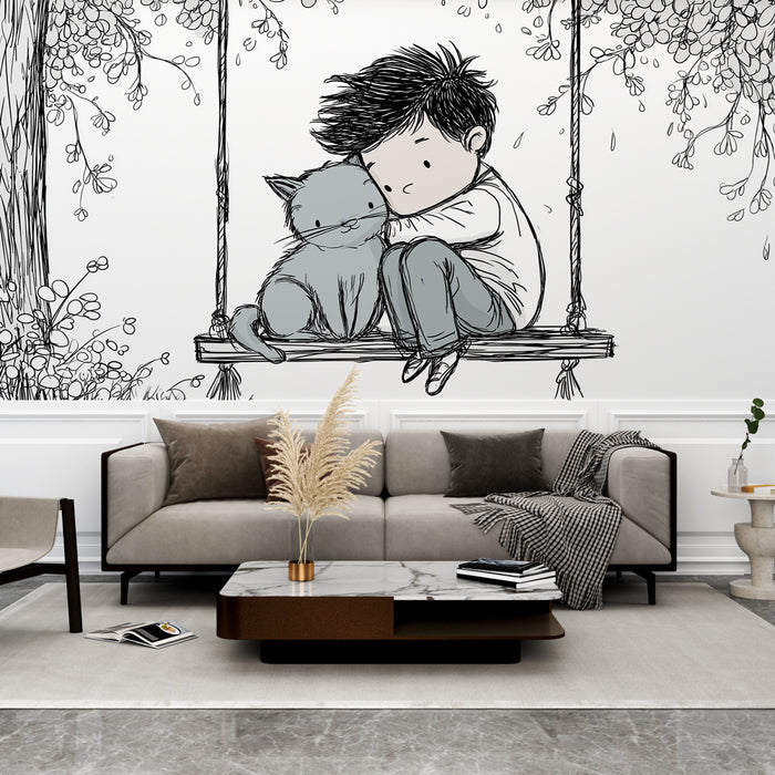 Une pièce moderne avec un papier peint illustratif représentant un enfant et un chat sur une balançoire, créant une ambiance douce et nostalgique.