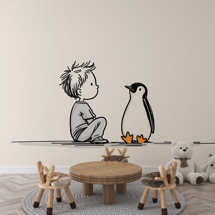 Une chambre d'enfant avec un papier peint illustratif représentant un garçon et un pingouin, créant une atmosphère ludique et imaginative.