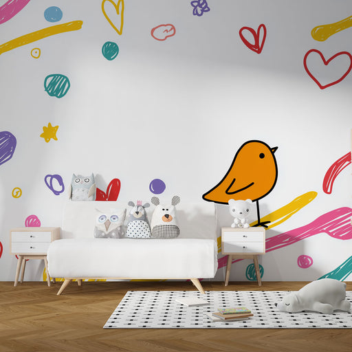 Une chambre d'enfant avec un papier peint ludique aux motifs colorés de cœurs, étoiles et un oiseau orange, créant une ambiance joyeuse et dynamique.