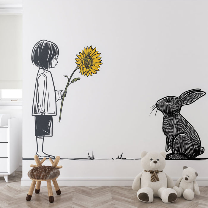 Une chambre enfantine avec un papier peint illustratif représentant une fillette tenant un tournesol jaune face à un lapin noir, créant une atmosphère ludique et imaginative.