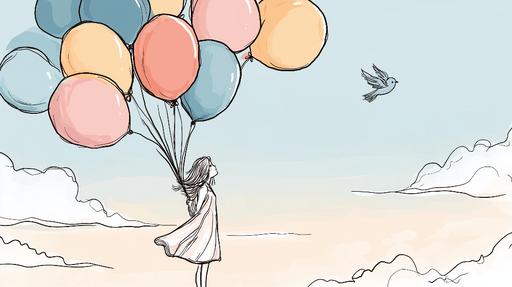 Papier peint enfantin Une fillette rêveuse avec des ballons colorés dans un ciel calme