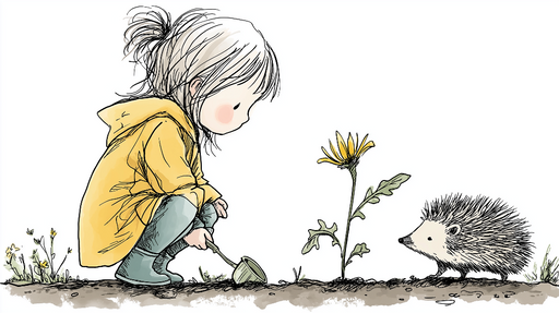 Papier peint enfantin Une scène tendre avec une petite fille et un hérisson