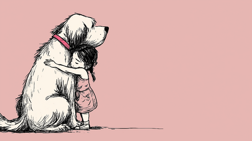 Papier peint enfantin Une tendre étreinte entre un enfant et un chien sur fond rose