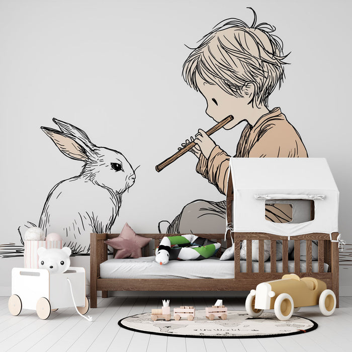 Une chambre d'enfant avec un papier peint illustratif représentant un garçon jouant de la flûte face à un lapin, créant une ambiance douce et imaginative.