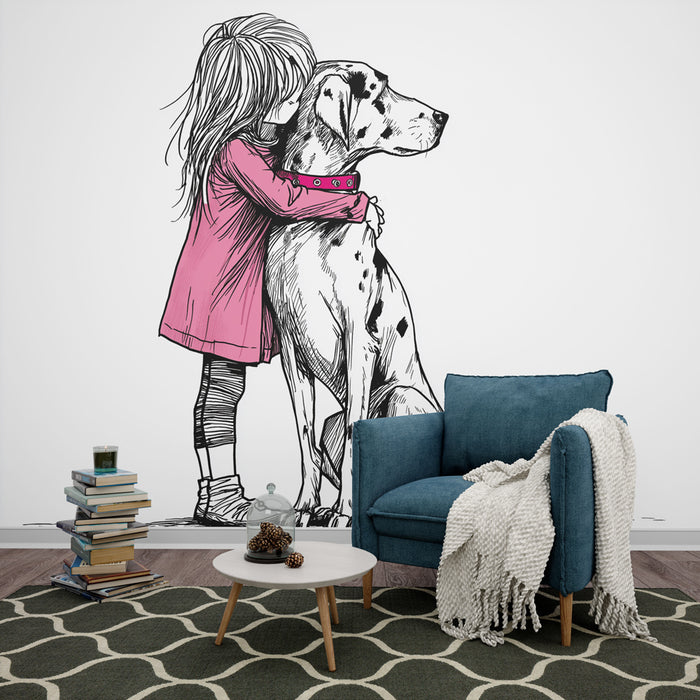 Une chambre accueillante avec un papier peint illustratif représentant une petite fille en rose câlinant un grand chien, dégageant une atmosphère chaleureuse et affectueuse.