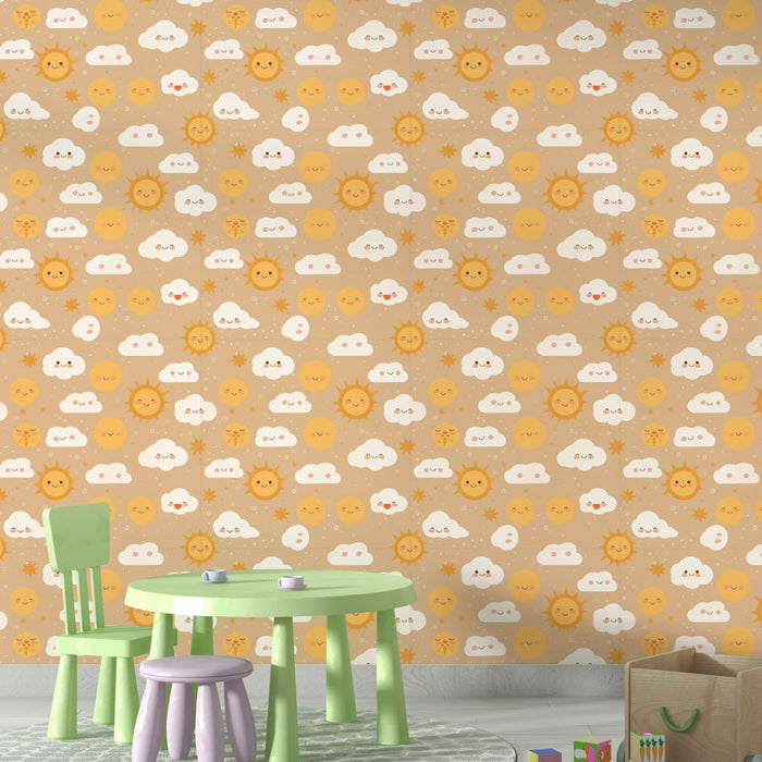 Une chambre d'enfant avec un papier peint joyeux représentant des soleils souriants et des nuages sur un fond beige, créant une atmosphère ludique et chaleureuse.