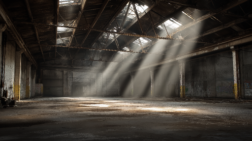 Papier peint entrepôt abandonné Rayons de lumière dans un espace industriel désaffecté