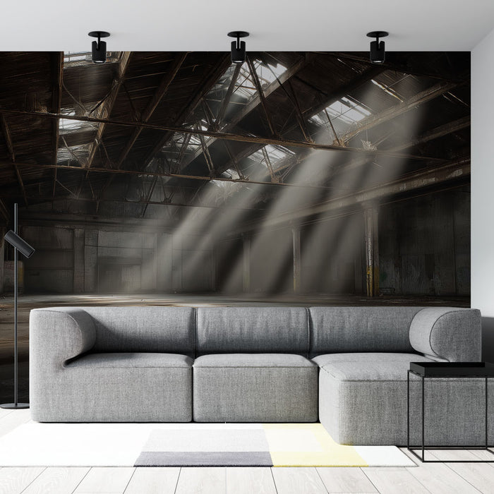 Un salon contemporain avec un papier peint représentant un intérieur d'entrepôt abandonné, évoquant une ambiance industrielle et mystérieuse, agrémentée de jeux de lumière.