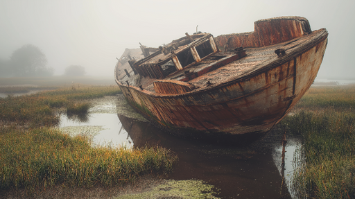 Papier peint épave de bateau Une scène de paysage brumeux avec un vieux bateau échoué
