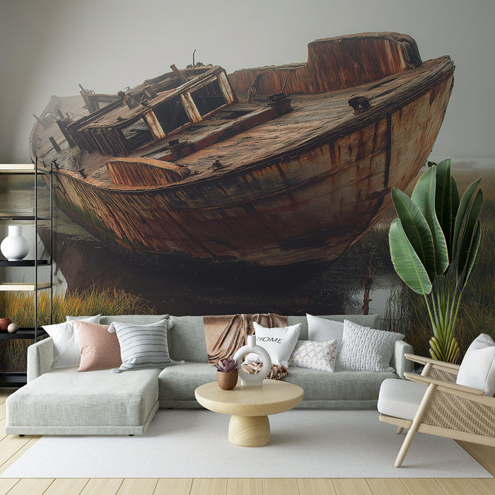 Papier peint épave de bateau | Une scène de paysage brumeux avec un vieux bateau échoué