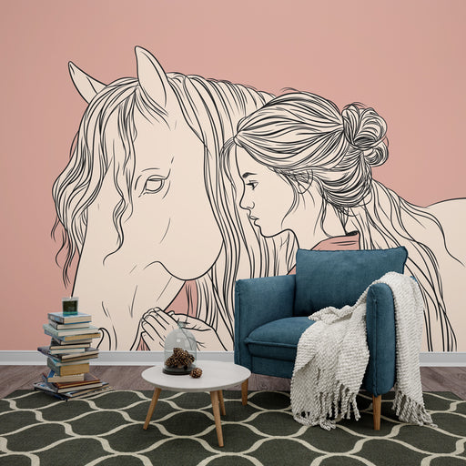 Une pièce moderne avec un papier peint illustratif représentant une jeune femme et un cheval sur fond rose, créant une atmosphère artistique et douce.